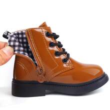 Toddler Girls Boys Fashion Ankle Boots Kids Lace Up Combat Boots with Side Zipper Smooth PU Leather Waterproof Shoes Optional Lining - 織物襯裡 - 棕色 - 查看 3