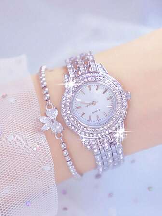 2 件时尚百搭闪亮女士石英表，配有圆形表盘和合金钢表带，搭配镶钻蝴蝶结珠宝手链套装，适合送礼、节日和日常佩戴