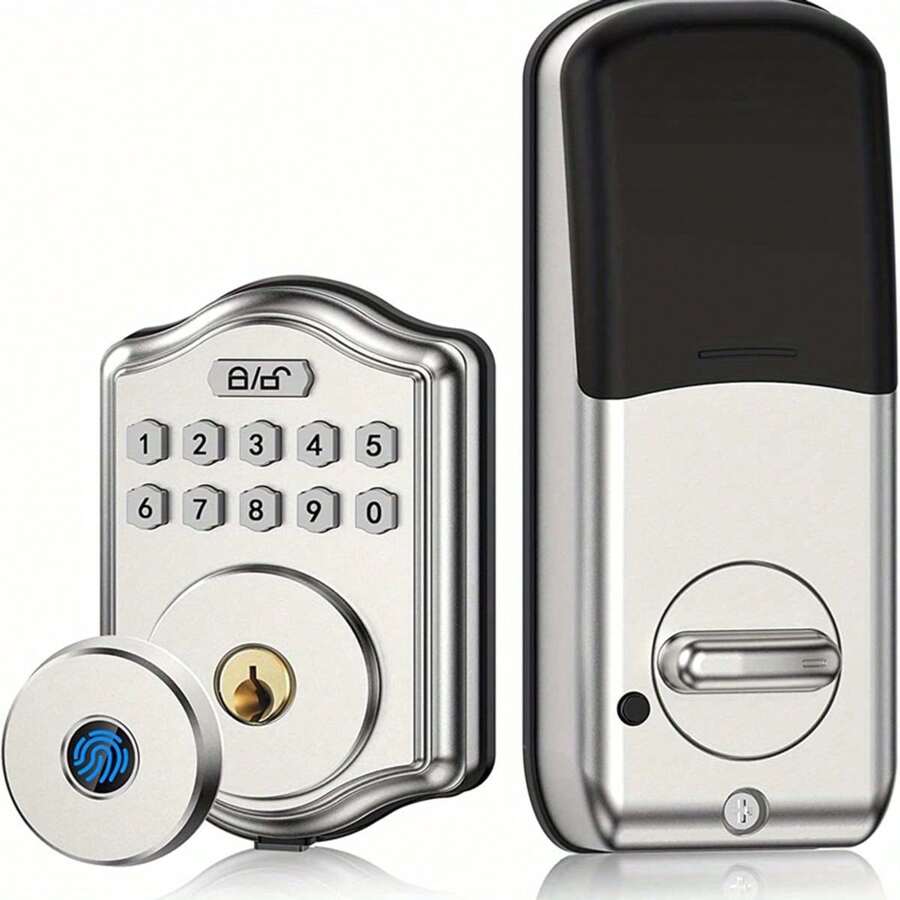 Cerradura De Puerta Inteligente Con Huella Digital Para Puerta Frontal, Cerradura Electrónica Sin Llave Con Huella Digital/código De Teclado/llave, Cerradura De Puerta Frontal Para 300 Usuarios, Cerrojo Inteligente Resistente Al Agua Ip66, Fácil De Instalar Para La Seguridad De La Puerta - Plateado - Ver 1