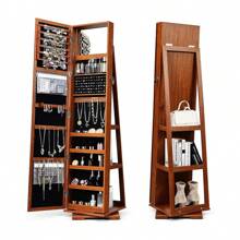 Obrotowa szafka na biżuterię, półka na biżuterię z lustrem na całej długości i wbudowanym lustrem, szafka z lustrem z półkami z tyłu, zamykana, miejsce do przechowywania biżuterii i kosmetyków