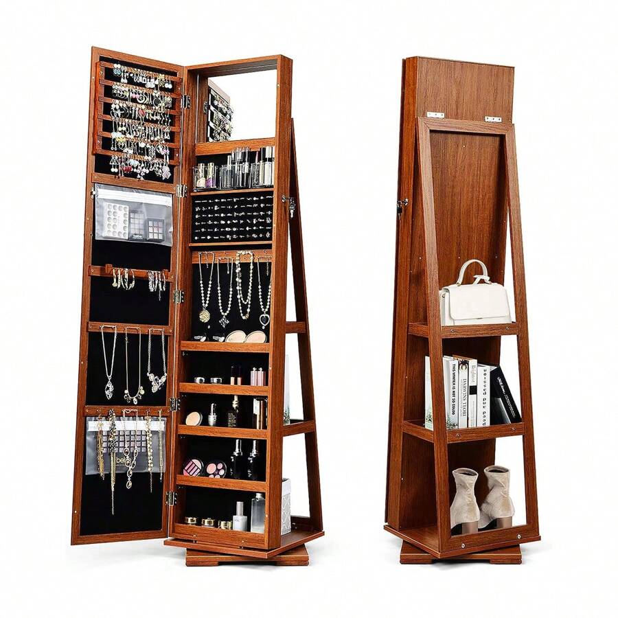 Obrotowa szafka na biżuterię, półka na biżuterię z lustrem na całej długości i wbudowanym lustrem, szafka z lustrem z półkami z tyłu, zamykana, miejsce do przechowywania biżuterii i kosmetyków