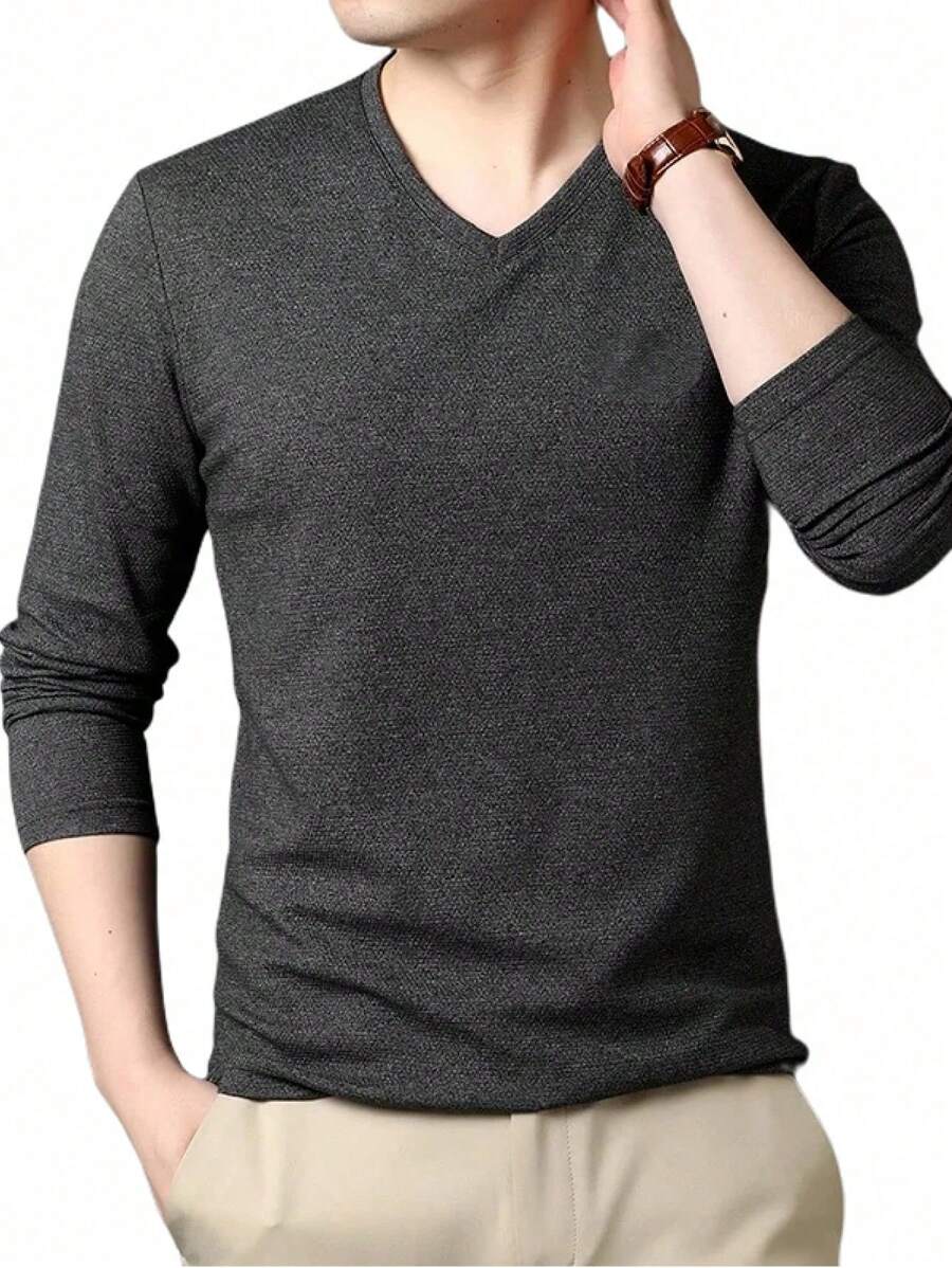 Playera Manga Larga Para Hombre Cuello V Cómoda Stretch - Gris Oscuro - Ver 1