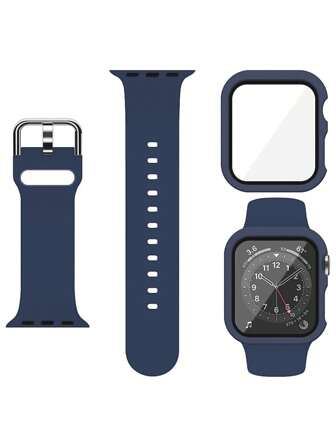 2pcs/Set Blue Men Women Cute Soft Silicone Sport Watch Strap & 2 In 1 Screen Protector Ultra-Thin Tempered Film Watch Cover, For Apple Watch Band 38/40/41/42/44/45/46/49mm, Series Ultra/SE/11/10/9/8/7/6/5/4/3/2/1, Intelligent Watch Case Accessories