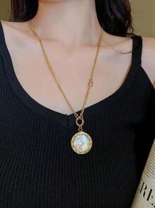 VceTd Một chiếc vòng cổ dài hai mặt màu đen và trắng thời trang mạ vàng có lớp vỏ tự nhiên, thích hợp cho phụ nữ, nam giới và các cặp đôi mặc như dây chuyền áo len - Vàng - Xem 5