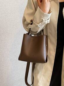 Bolsa feminina moderna cor café, bolsa balde minimalista de PU, bolsa tote casual vintage e bolsa de ombro, adequada para compras, uso diário, bolsa feminina casual para negócios, perfeita para escritório, negócios e trabalho - Castanho Café - Ver 3