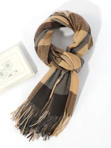 1pc Men's Fashion Color Block Plaid Tassel Warm Scarf/Shawl, Suitable For Autumn/Winter Commuting And Outings - Multicolor - View 4