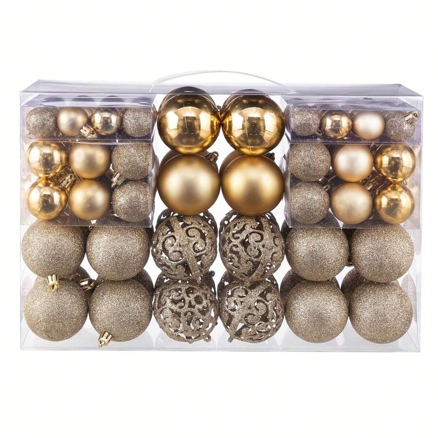 100入組聖誕球裝飾品,防碎聖誕裝飾用品套裝帶A禮品包適用於聖誕樹(和) - 金色 - 查看 1