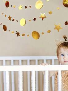 1Pc Gold Party Decoration Circle Dot Star Garland Banner Bright Paper Streamer Hanging Decorations Glitter Star Bunting Banner Backdrop for Engagement Wedding Baby Shower Christmas Birthday - Gold - View 6