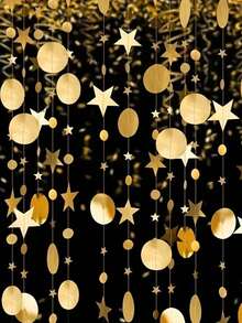 1Pc Gold Party Decoration Circle Dot Star Garland Banner Bright Paper Streamer Hanging Decorations Glitter Star Bunting Banner Backdrop for Engagement Wedding Baby Shower Christmas Birthday - Gold - View 4