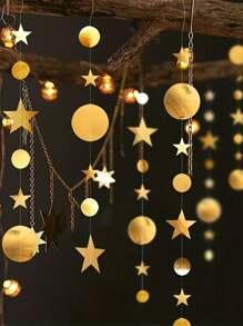 1Pc Gold Party Decoration Circle Dot Star Garland Banner Bright Paper Streamer Hanging Decorations Glitter Star Bunting Banner Backdrop for Engagement Wedding Baby Shower Christmas Birthday - Gold - View 1