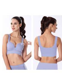 1件装欧美风运动瑜伽固定罩杯垫无钢圈超薄跑步背心减震瑜伽不可拆卸罩杯垫工字背休闲文胸 - 藍色 - 查看 3