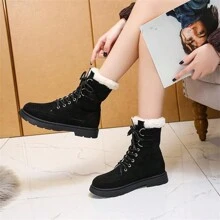 Giày bốt đi tuyết ấm áp cho nữ có gót vuông chống trượt, thiết kế buộc dây và lót nhiệt dày, giày mùa đông thời trang và thoải mái - màu đen - Xem 1