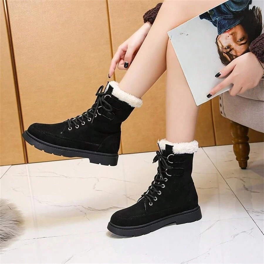 Giày bốt đi tuyết ấm áp cho nữ có gót vuông chống trượt, thiết kế buộc dây và lót nhiệt dày, giày mùa đông thời trang và thoải mái - màu đen - Xem 1