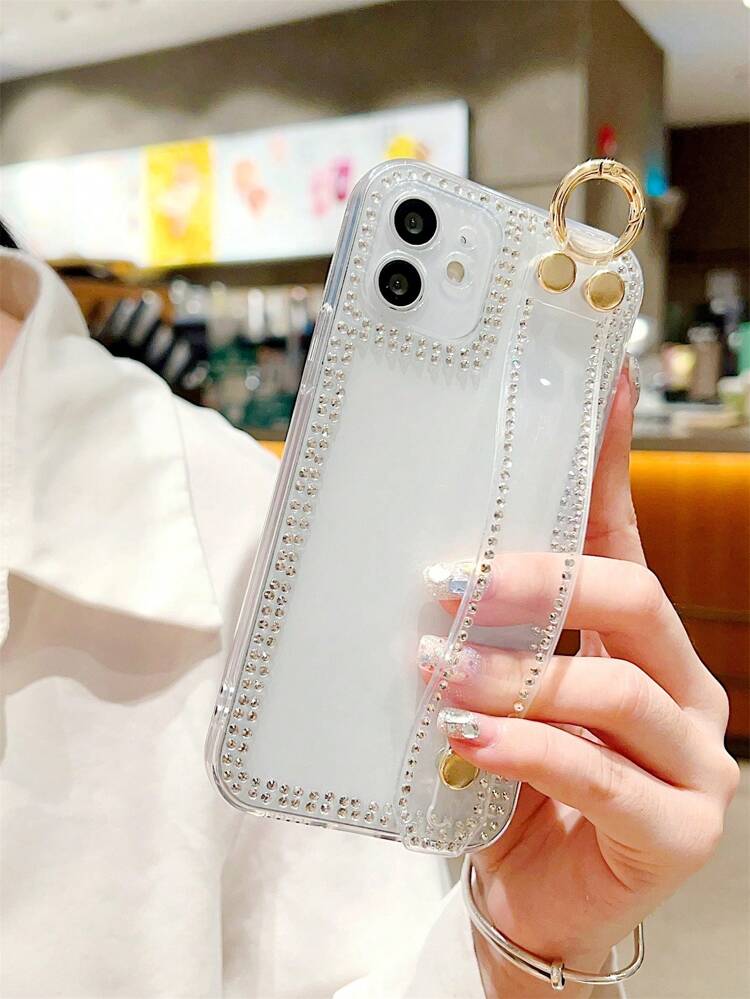 1pc High Transmittance Rhinestone Tpu Shockproof Phone Case With Wrist Strap Compatible With Samsung And Compatible With Iphone,International Version, Not The Domestic Version