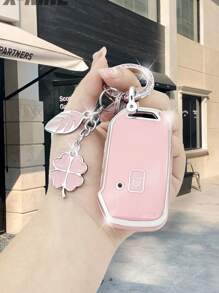 時尚水鑽櫻花粉色花朵和葉子造型鑰匙扣,適用於kia Sportage Kx3、k5、k3 - 粉色 - 查看 1