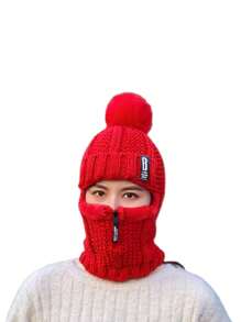 Bộ mũ khăn quàng cổ mùa đông cho nữ, mũ len đan có khăn quàng cổ và mũ trùm đầu lót nhiệt dày có thể tháo rời - Đỏ - Xem 2