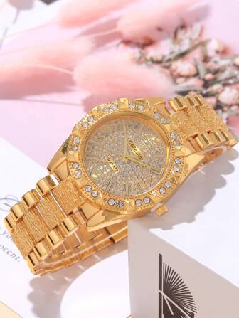 1 件时尚奢华闪亮钻石镶嵌圆形女士钢带石英表，适合派对、庆典、婚礼、返校季节和日常佩戴，是送给女性的最佳礼物。