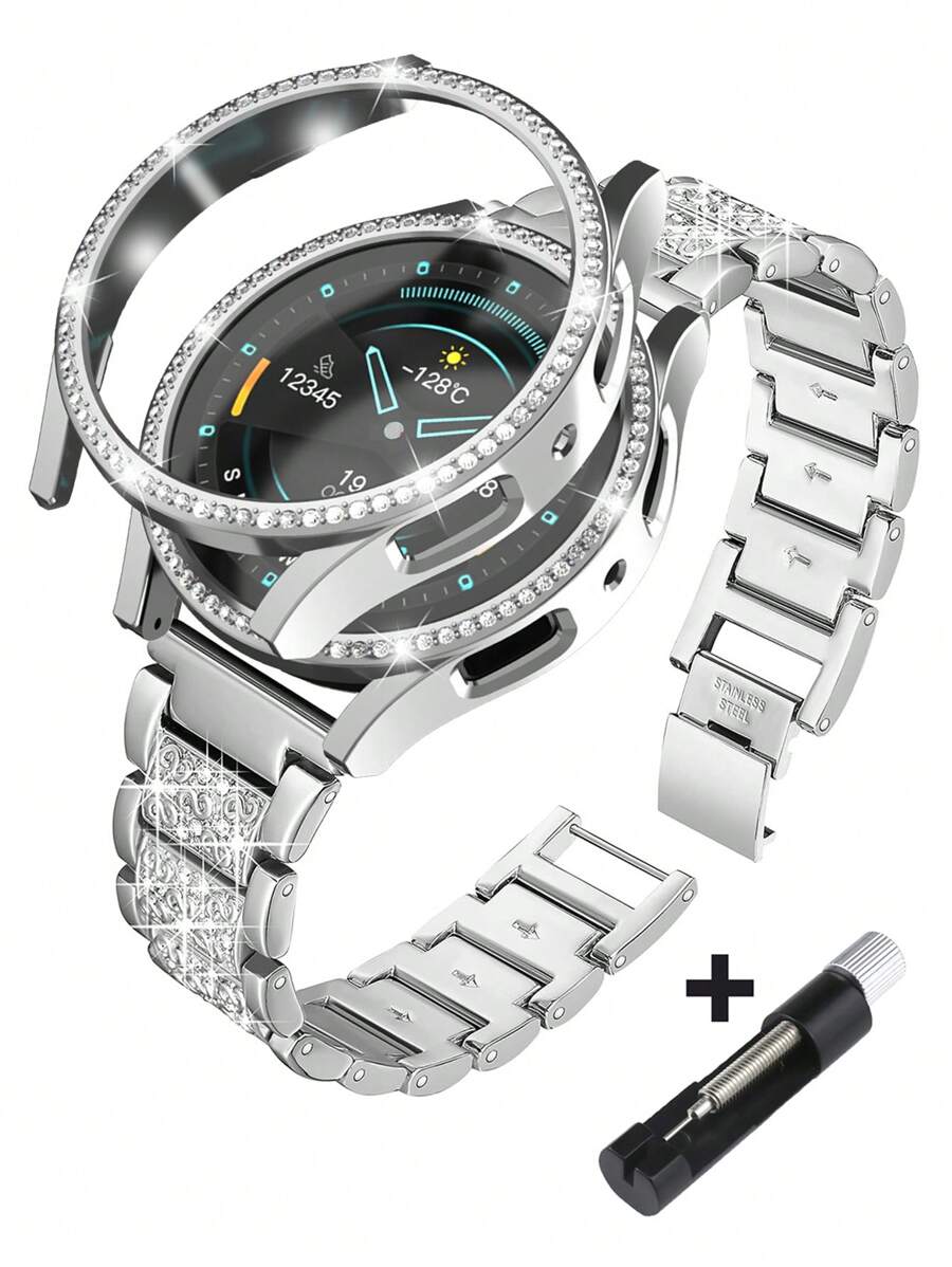 Women's Metal Diamond Strap + PC Shiny Diamond Hollow Shock-Absorbing And Drop-Proof Protective Case Compatible With Samsung Galaxy Watch 4 5 6 7 Series 40/44mm Strap Protective Case, Showing A Fashionable And Stylish Strap And Protective Case Combination - Silver - View 1