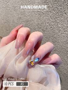 GIRL PLUS 『galaxy Diamond Rabbit』『xs』『long Tee』10pcs False Nails With Rhinestones For Nail Art, Handmade Custom, Suitable For Dating And Daily Wear - Pink - View 2