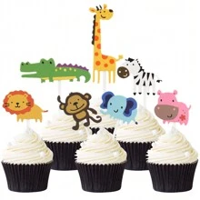 7入組叢林動物派對蛋糕杯頂,印有長頸鹿,猴子,斑馬和大象圖案 - 彩色 - 查看 5