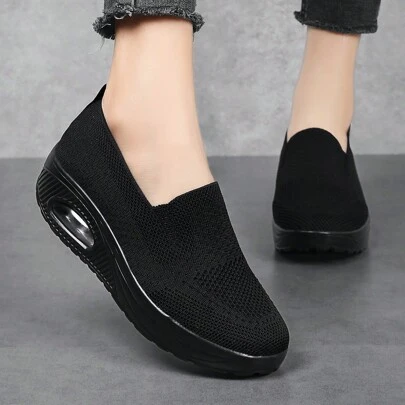 New Style Casual Square Dance Shoes, Comfortable Slip-On Lightweight Soft Mesh Fabric Thick Bottom Shock Absorption Air Cushion Non-Slip Increased Big Size Women's Shoes