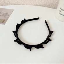 1入組女士多色牙形防滑毛絨壓紋髮飾，簡易編織髮箍，適用於日常佩戴 - 黑色 - 查看 4