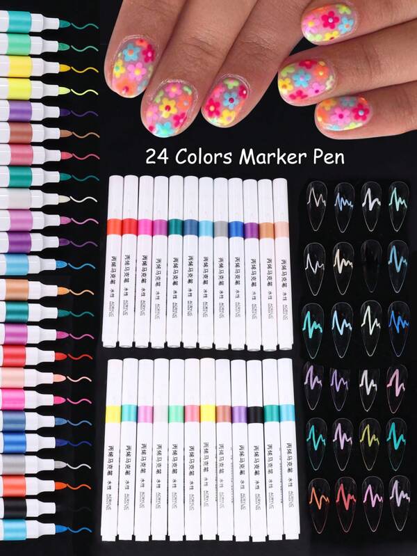 24 couleurs Boîte Y2K Stylo de dessin d'ongle esthétique Stylo marqueur de graffiti Stylo de conception artistique d'ongle coloré Manucure Fleur Modèle de dessin animé Détail de ligne Accessoires de Manucure Outils pour dessiner des lignes abstraites Stylo de peinture Équipement d'art d'ongle Charmes d'ongle Gemmes d'ongle Fournitures d'ongle