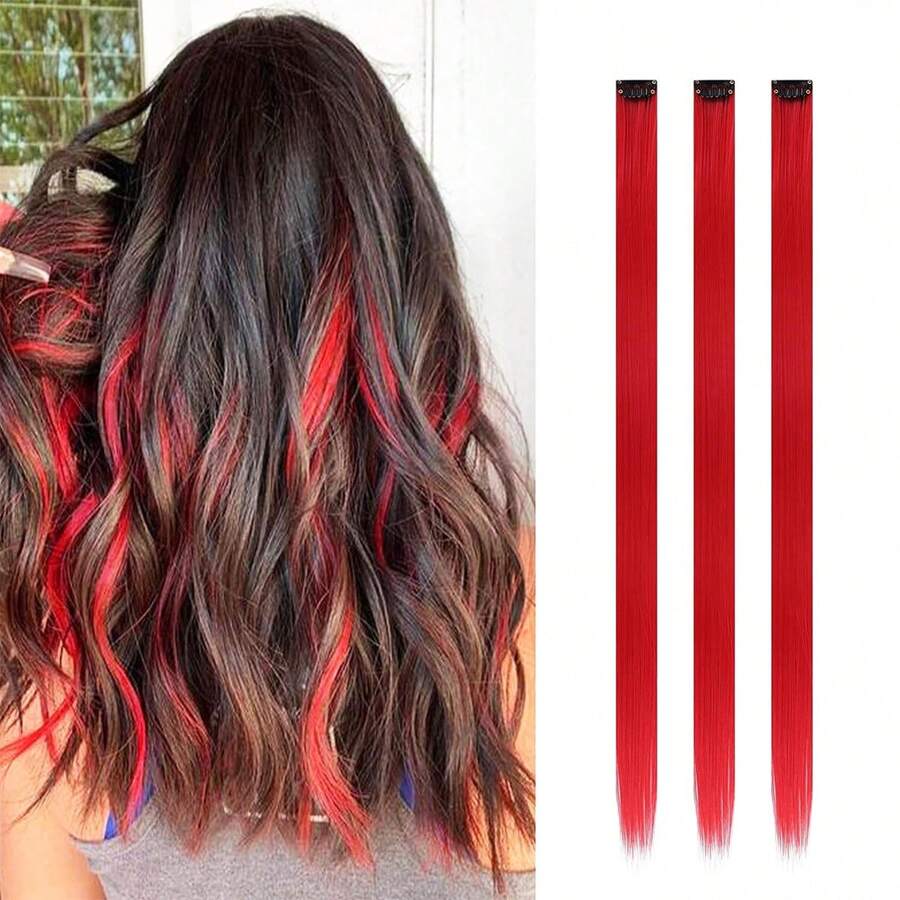 3 件装女士红色发饰假发夹，Y2K 甜美酷炫风格合成发夹，彩色直发夹，适合节日、音乐节和派对万圣节 - 紅色 - 查看 1