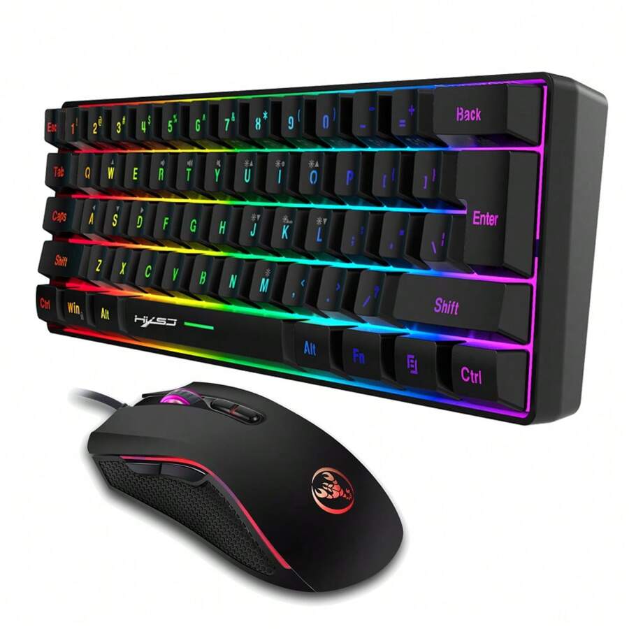 60% Gaming Keyboard Mouse Set, Rainbow RGB Backlit Keyboard, 61-Key Slim Membrane Mini Ergonomic Design, Ultra-Light Gaming Mouse, 3200 DPI, Gaming Mouse Pad, For Windows PC Gamers