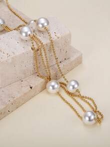 1pc Elegant French Style Pearl Decorated Multi-Layer Necklace, Women's Versatile Stainless Steel Jewelry Accessory, Suitable For Banquet, Ball And Other Occasions, Birthday Gift - Yellow Gold - View 3