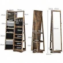 Obrotowa szafka na biżuterię, półka na biżuterię z lustrem na całej długości i wbudowanym lustrem, szafka z lustrem z półkami z tyłu, zamykana, miejsce do przechowywania biżuterii i kosmetyków