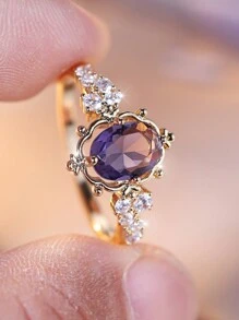 Vanel 1pc Elaborate Vintage Court Style Oval Edge & Cubic Zirconia Decorated Ring, Suitable For Women's Parties And Banquets - Purple - View 4
