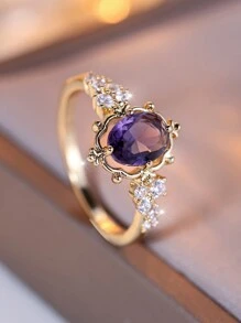 Vanel 1pc Elaborate Vintage Court Style Oval Edge & Cubic Zirconia Decorated Ring, Suitable For Women's Parties And Banquets - Purple - View 5