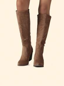 Women's Pointed Toe Knee High Boots Faux Suede Stacked Chunky Heel Boots Side Zipper Slouchy High Boots - 卡其色 - 查看 3