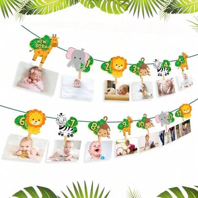 Pancarta de fotos de animales de 1 a 12 meses, guirnalda de cumpleaños de 1er año con temática de la selva, suministros para fiesta, decoración de cumpleaños "Wild One", Navidad