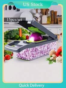 15pcs Vegetable Chopper Kit, Multi-Functional Fruit Slicer, Manual Food Chopper, Vegetables Slicer, Slicer With Container And Hand Guard, Onion Chopper, Potato Slicer,Peeler, Kitchen Gadget - one-size - View 2