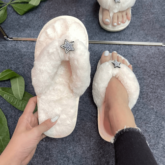 女士蓬鬆蝴蝶裝飾拖鞋,溫暖舒適平滑,休閒時尚純白鞋,適用於室內和室外,防滑底