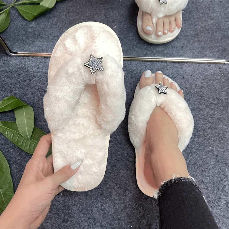 Women's Fluffy Butterfly Decor Slippers, Warm & Comfortable Flat Slides, Casual Fashionable Pure White Shoes For Indoor & Outdoor Use, Anti-slip Sole - Black - View 1