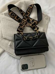 Mini Chain Decor Quilted Flap Fashionable Square Bag - Black - View 2