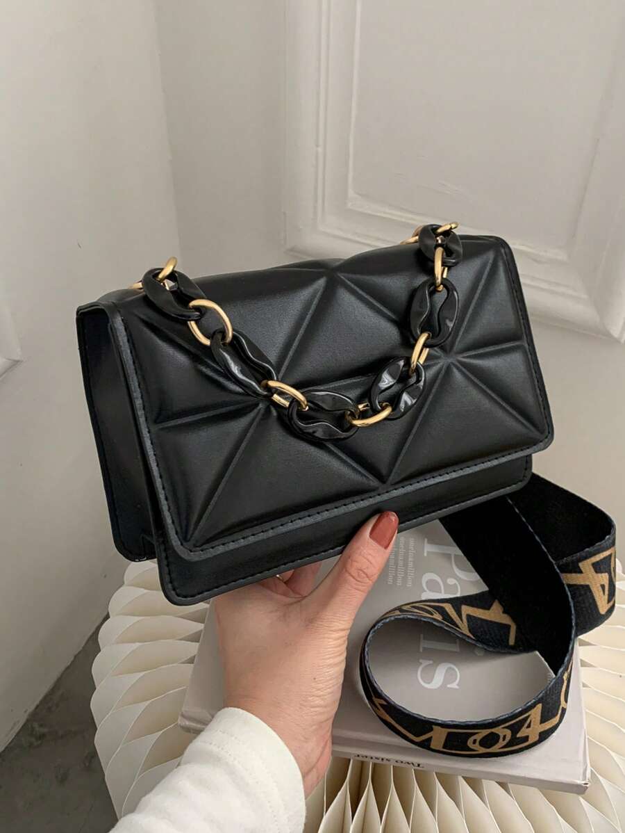 Mini Chain Decor Quilted Flap Fashionable Square Bag - Black - View 1