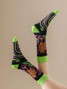 1 Par De Medias De Tobillo Medio Con Patrón De Telaraña De Colores Para Mujer, Adecuadas Para Halloween - Multicolor - Ver 2