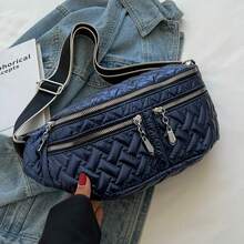 女士棉被拼接托特包,時尚襯墊肩背包,大容量手提包,配鍊帶