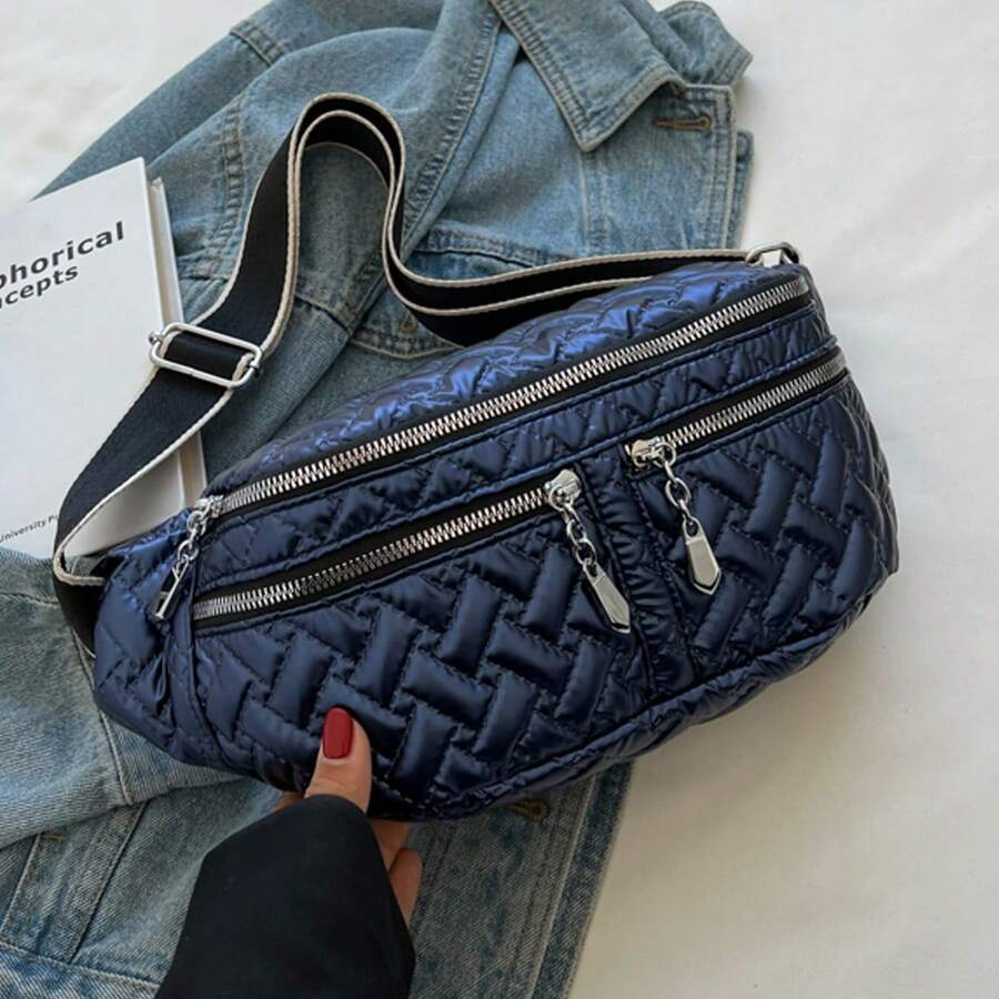 女士棉被拼接托特包,時尚襯墊肩背包,大容量手提包,配鍊帶