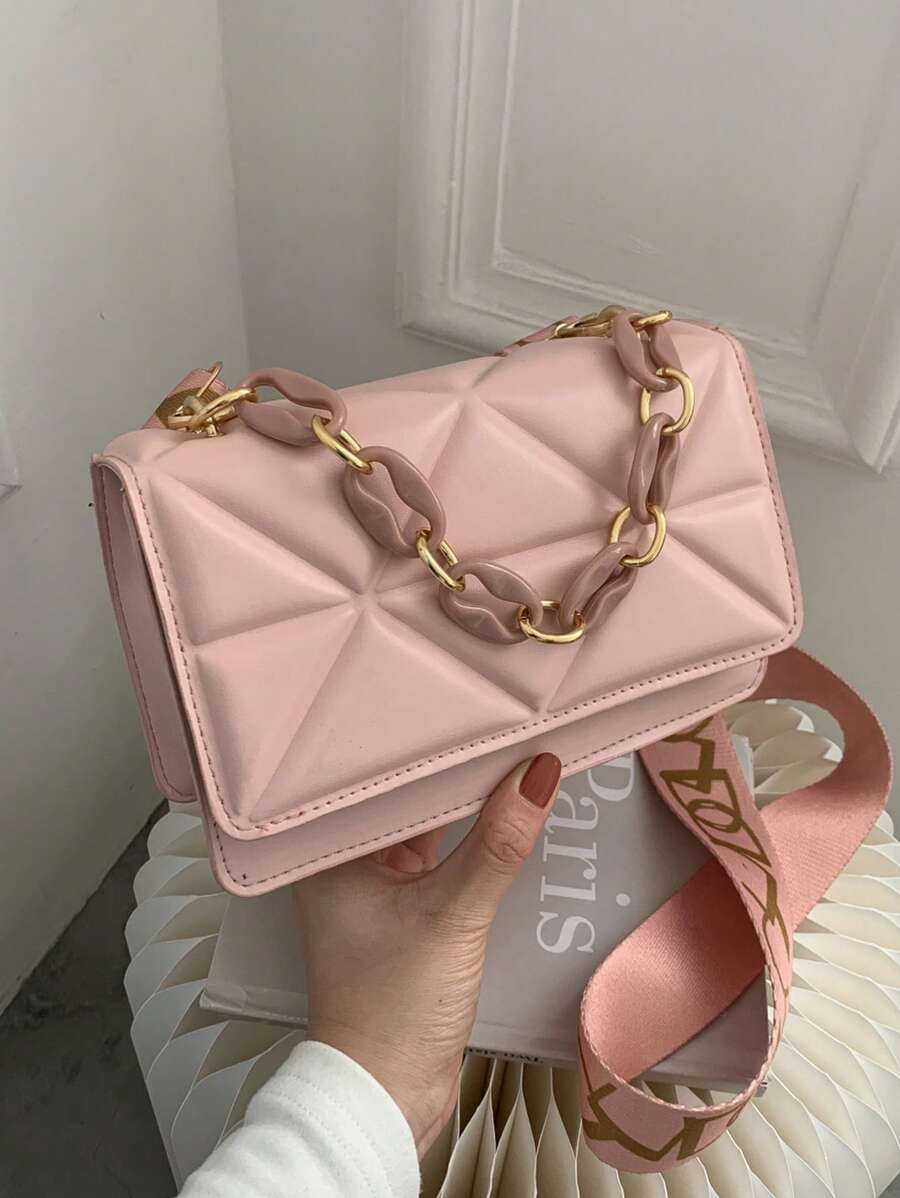 Bolso cuadrado de moda con solapa acolchada y decoración de cadena mini - Rosa - Ver 1