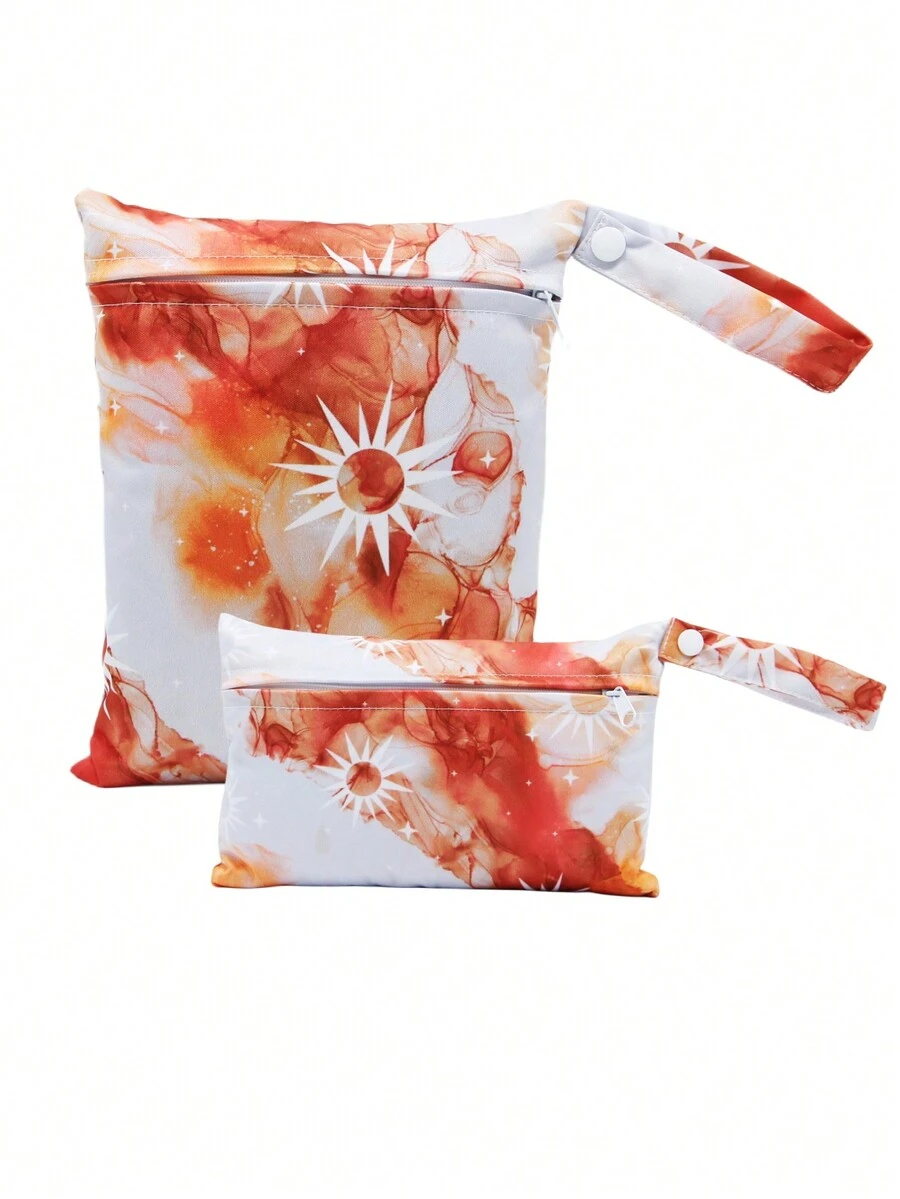 2個/套15*22.5cm+20*25cm兩種不同大小的波西米亞卡通印花防水可重複使用的濕袋,可用於嬰兒尿布和乳房泵零件帶有一個拉鍊口袋和手柄的尿布袋 - 彩色 - 查看 1