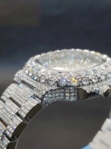 豪華男士鉑金經典設計全鑲鑽石方形指針雙面表盤防水嘻哈石英手錶，男士冰凍藝術手錶假日 - 銀色 - 查看 4