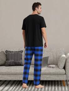 男士休閒格紋居家長褲 - 藍色 - 查看 5