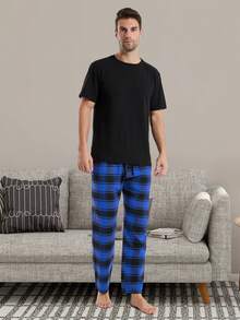 男士休閒格紋居家長褲 - 藍色 - 查看 4