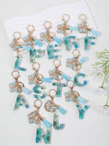 Boho風格1入組女士丙烯酸蝴蝶鑰匙扣，帶乾花，水晶及英文字母吊飾