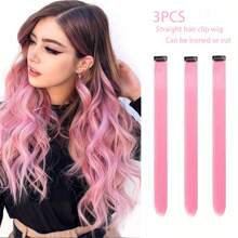 3pcs Pink Clip-In Hair Extensions, For Women's Party, Gathering, Coloured Daily Life, Can Be Straightened And Curled Boho Halloween - Pink - View 1
